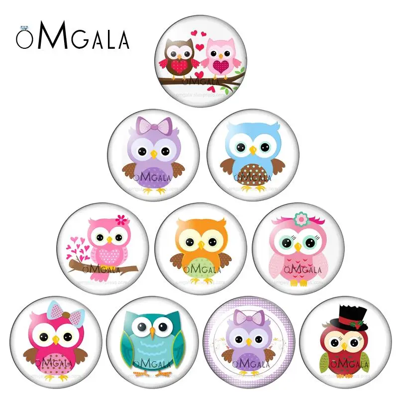 Cartoon Animal Owl Colorful Darwing 10mm/12mm/16mm/18mm/25mm Round Photo Glass Cabochon Demo Flat Back Making Findings 10pcs/lot