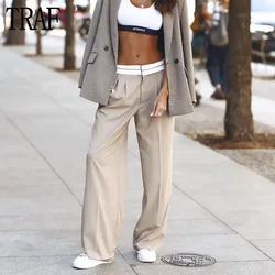 TRAF Beige High Waist Pants for Women Wide Leg Pants Women Casual Oversize Woman Trousers Streetwear Pleated Baggy Pants Woman