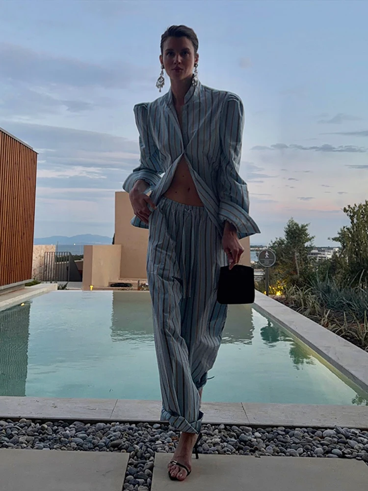 Striped Stand Collar Women Suits Long Sleeve High Waist Elegant Pants Lady Spring Autumn Casual Fashion Female Sets 2026