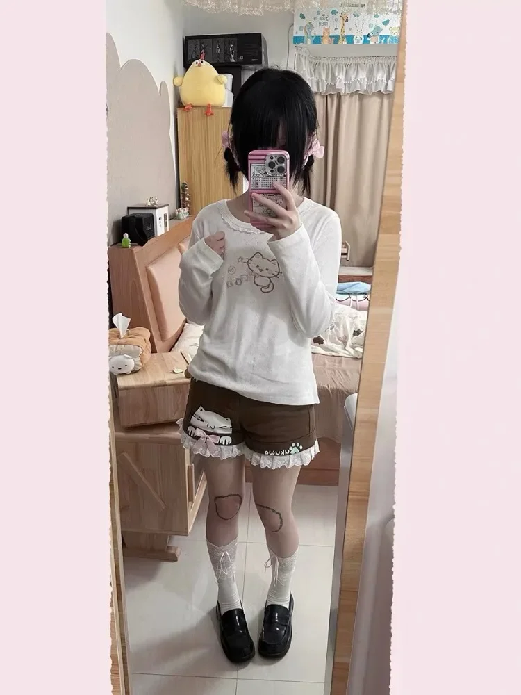 HOUZHOU 여성용 귀여운 귀여운 티셔츠, 일본 스타일 Y2k 레이스 패치워크, 귀여운 만화 자수 티, 부드러운 소녀 2024