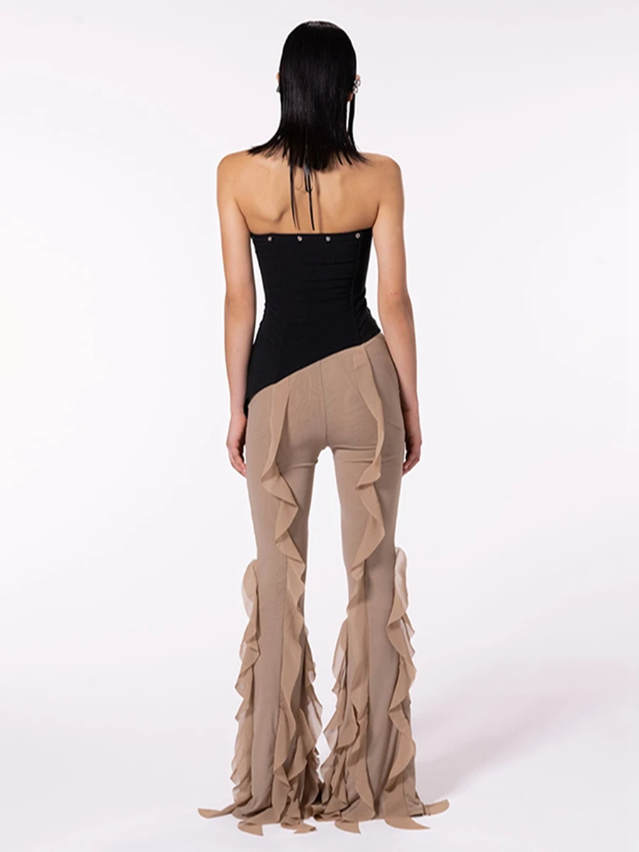 

Women s Ruffle Flare Pants y2k Solid Low Rise Stretch Bell Bottom Trousers Rave Club Streetwear