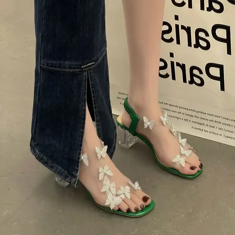 Green Summer 2024 Sandals for Women Footwear Transparent Crystal High Heels Thick Heel Ladies Shoes with Strap Original Shoe H F