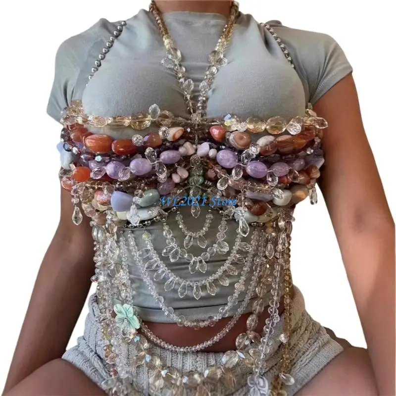 

G5GC Fashionable Handcraft Crystals Beaded Top with Multistrand Pearls Chains Festival Beach Accessory Daily Use
