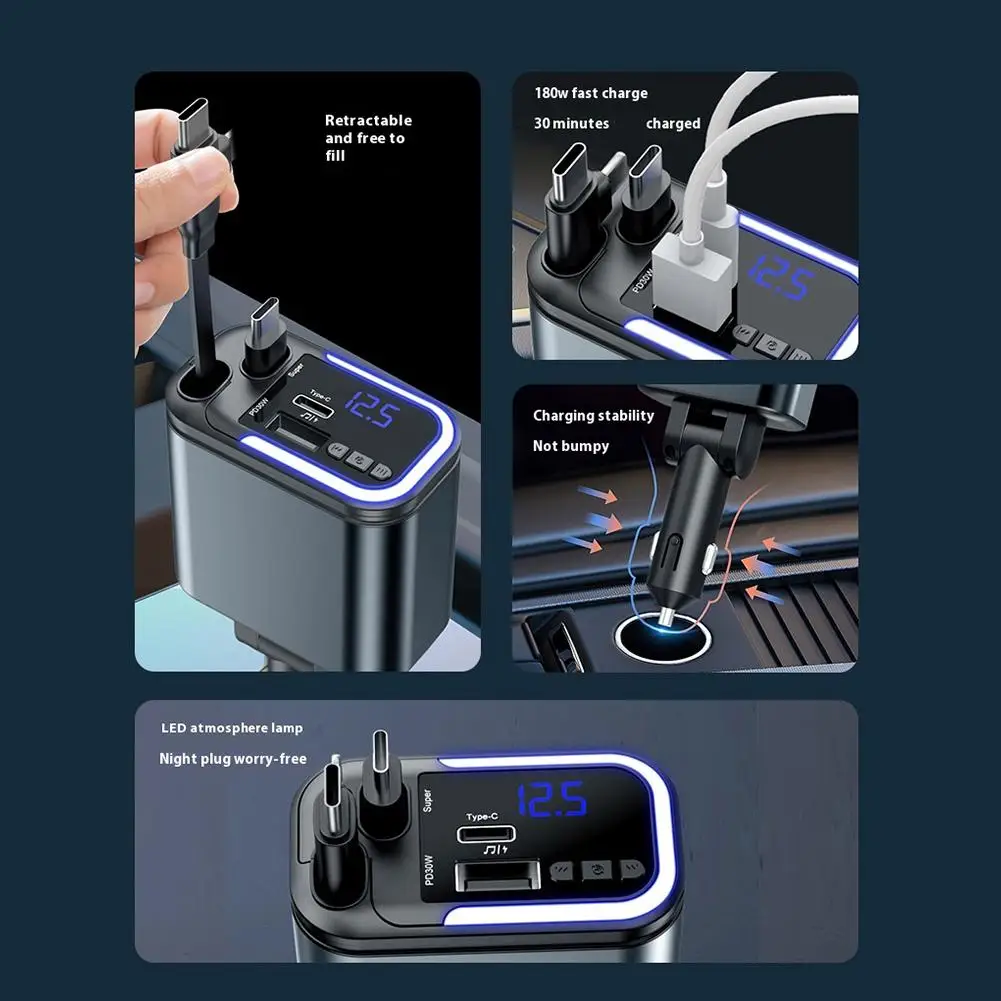 Bluetooth Car FM Transmitter Music Player with Blue Ambient Light High Resolution Stereo Lossless Playback Fast Charging