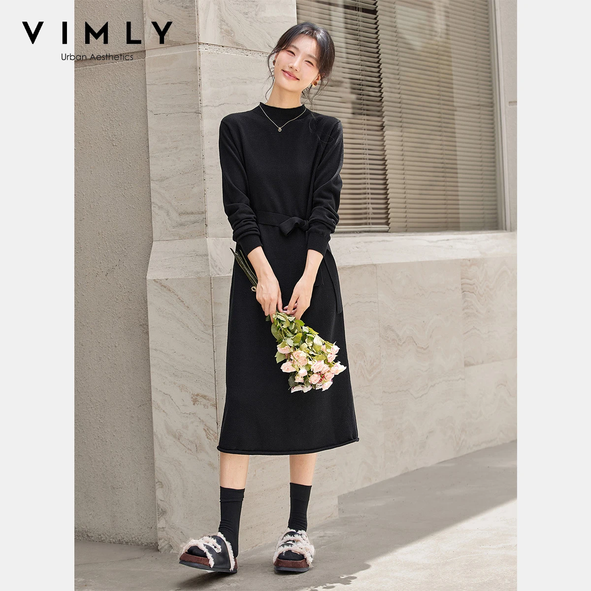 

VIMLY Women's Dresses Holiday Outfits Autumn 2025 Elegant Black Long Knitted Ladies Dress Half High Collar Female Dresses 75183