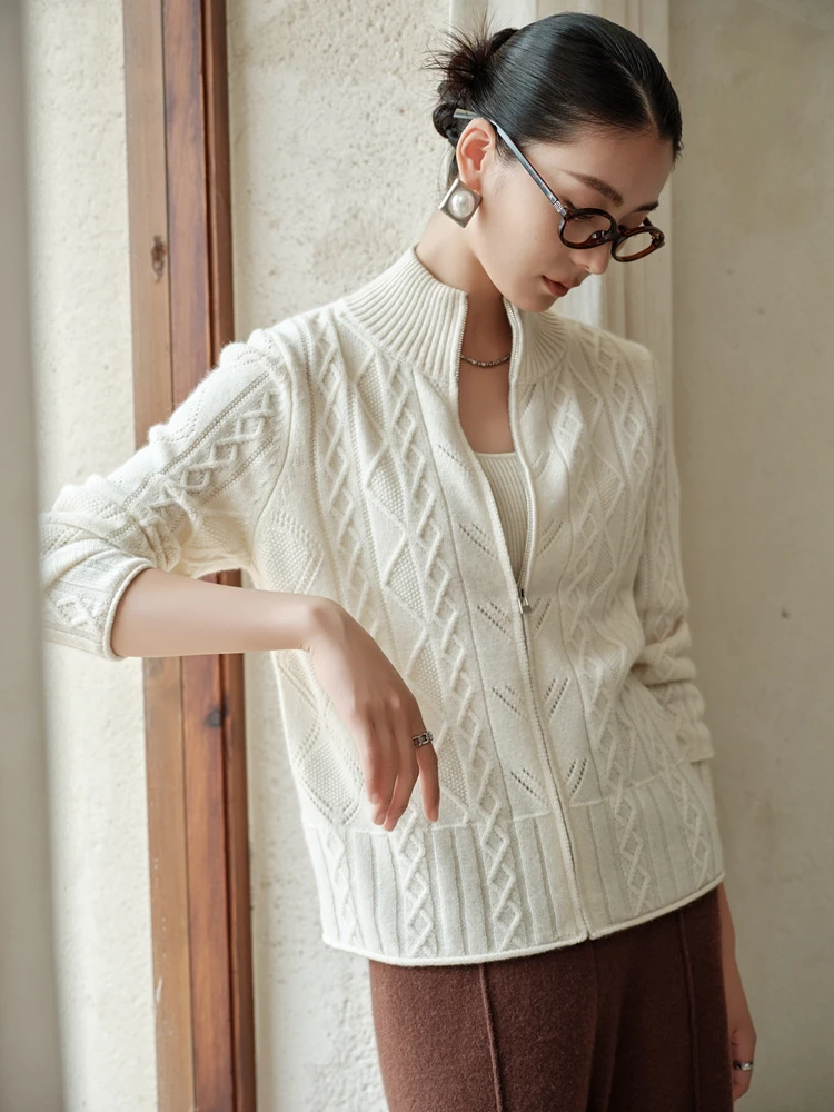 TLOML 우아한 여성용 100% 캐시미어 스웨터 목폴라 케이블 니트 지퍼 가디건 가을 겨울 오피스 레이디 캐시미어 니트웨어 코트