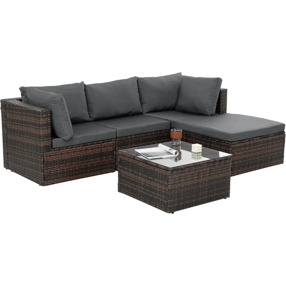 

5-piece terrace furniture set, all-weather PE rattan 3-seater outdoor segmented sofa