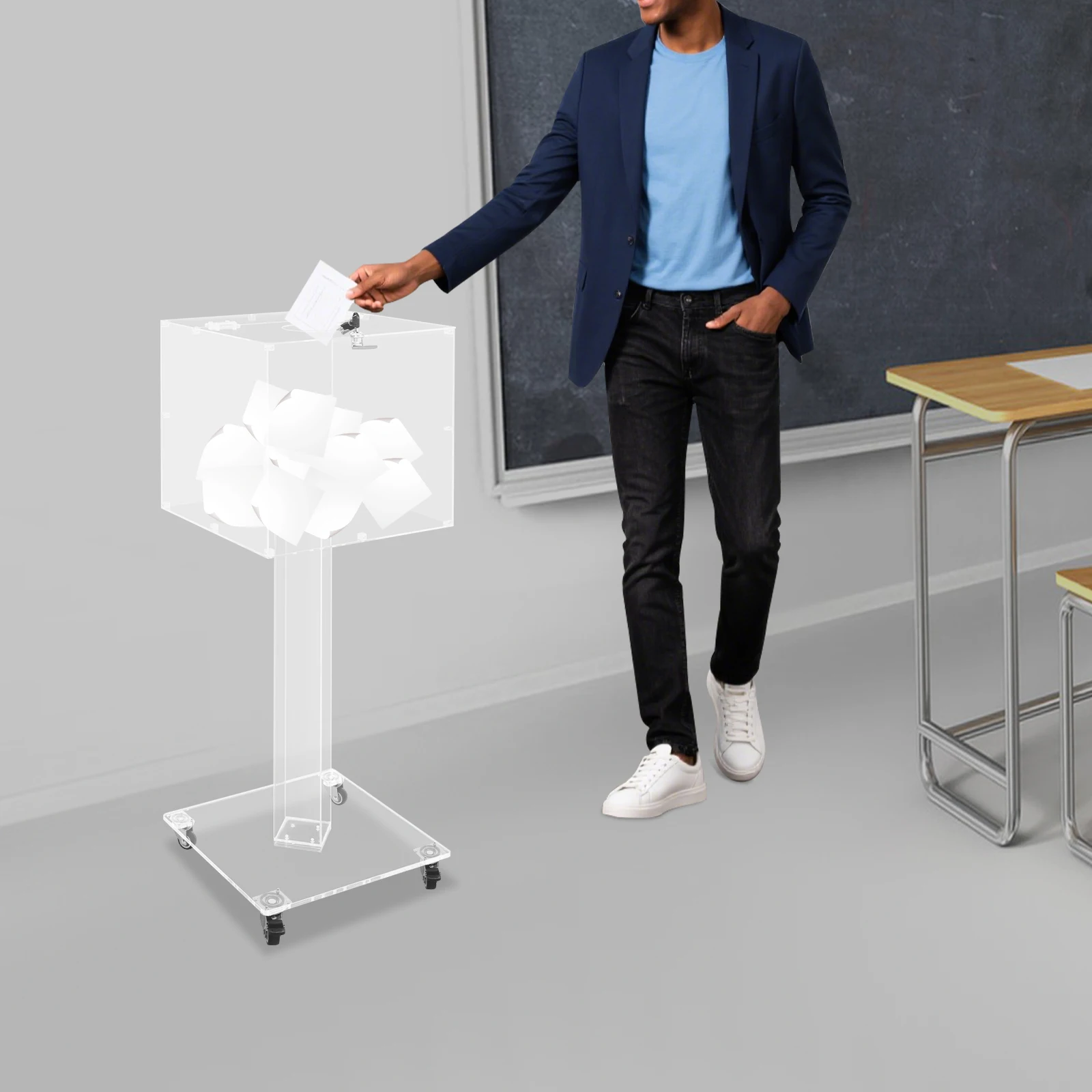 صندوق احترافي مستدير من الأكريليك الشفاف مع قفل ومفتاح، صندوق تبرع قائم على الأرض مع عجلات للاجتماعات والانتخابات والمكتب #4