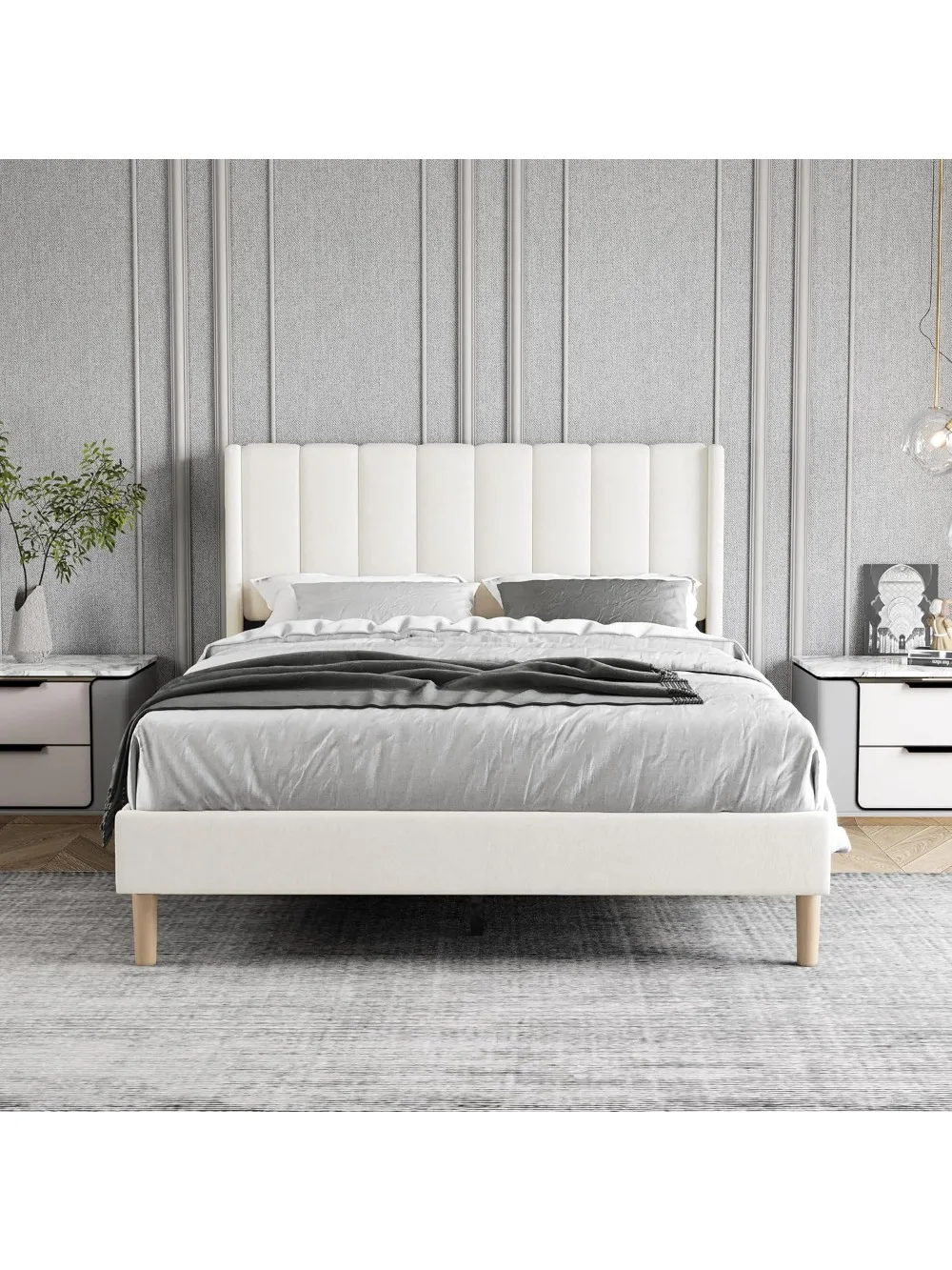 إطار سرير منجد بمنصة كاملة الحجم مع لوح أمامي، شرائح خشبية قوية تدعم لا حاجة إلى صندوق زنبركي سهل التجميع