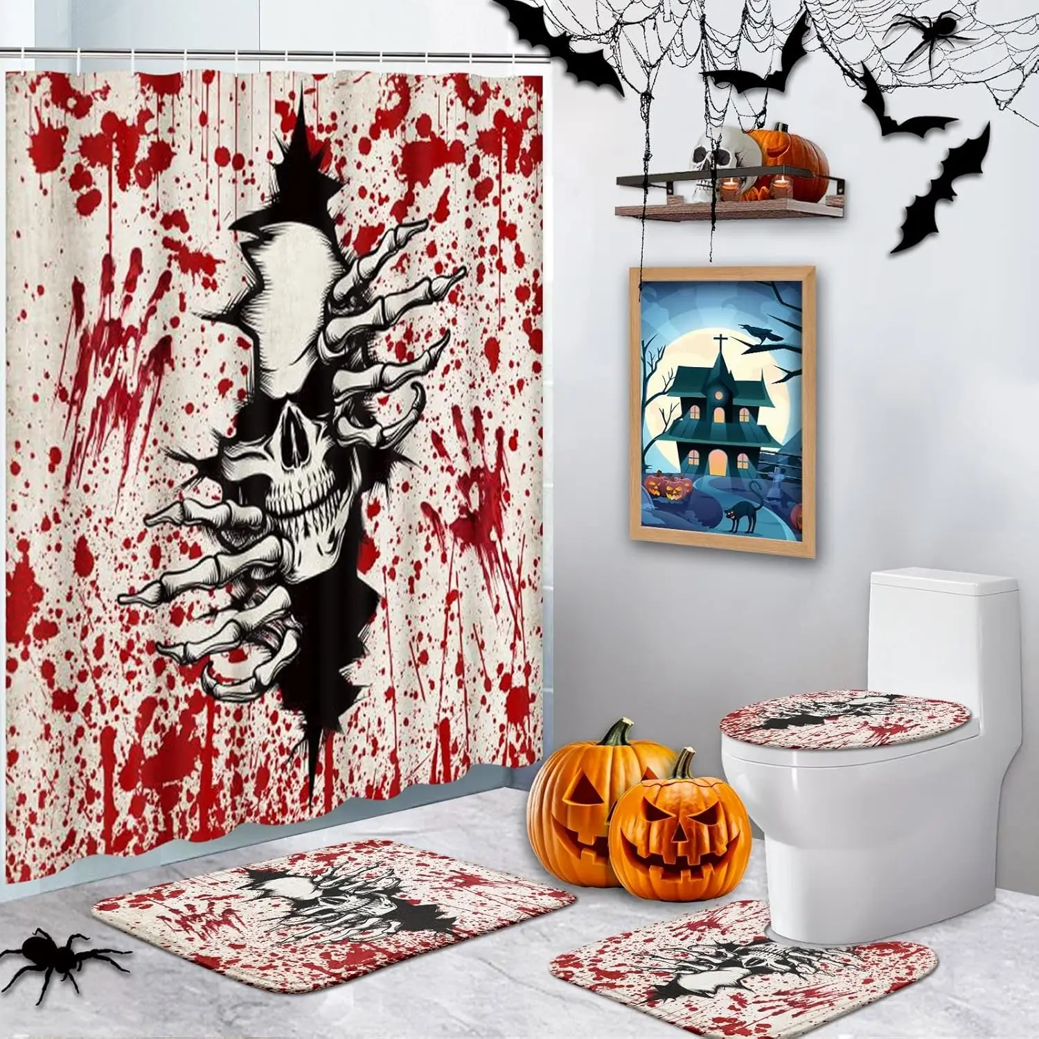 

Наборы занавесок для душа из 4 предметов, водонепроницаемые наборы для ванной комнаты ужасов на Хэллоуин с нескользящими ковриками, крышкой унитаза и ковриком для ванной, 12 крючков