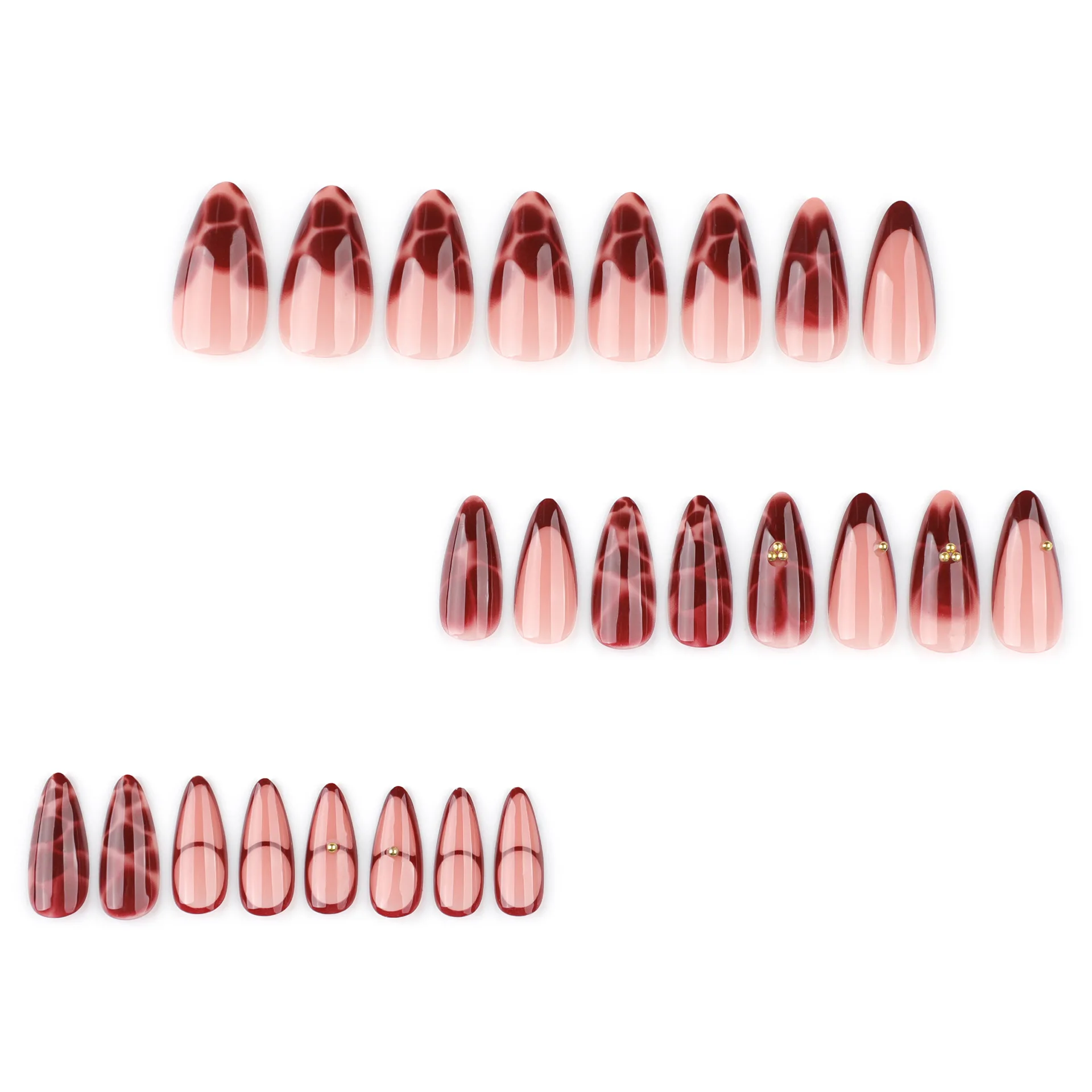 24Pcs Wine Red French Almond Press on Nails - Leopard Print & Gold Rhinestone Decor Reusable False Nails for Women