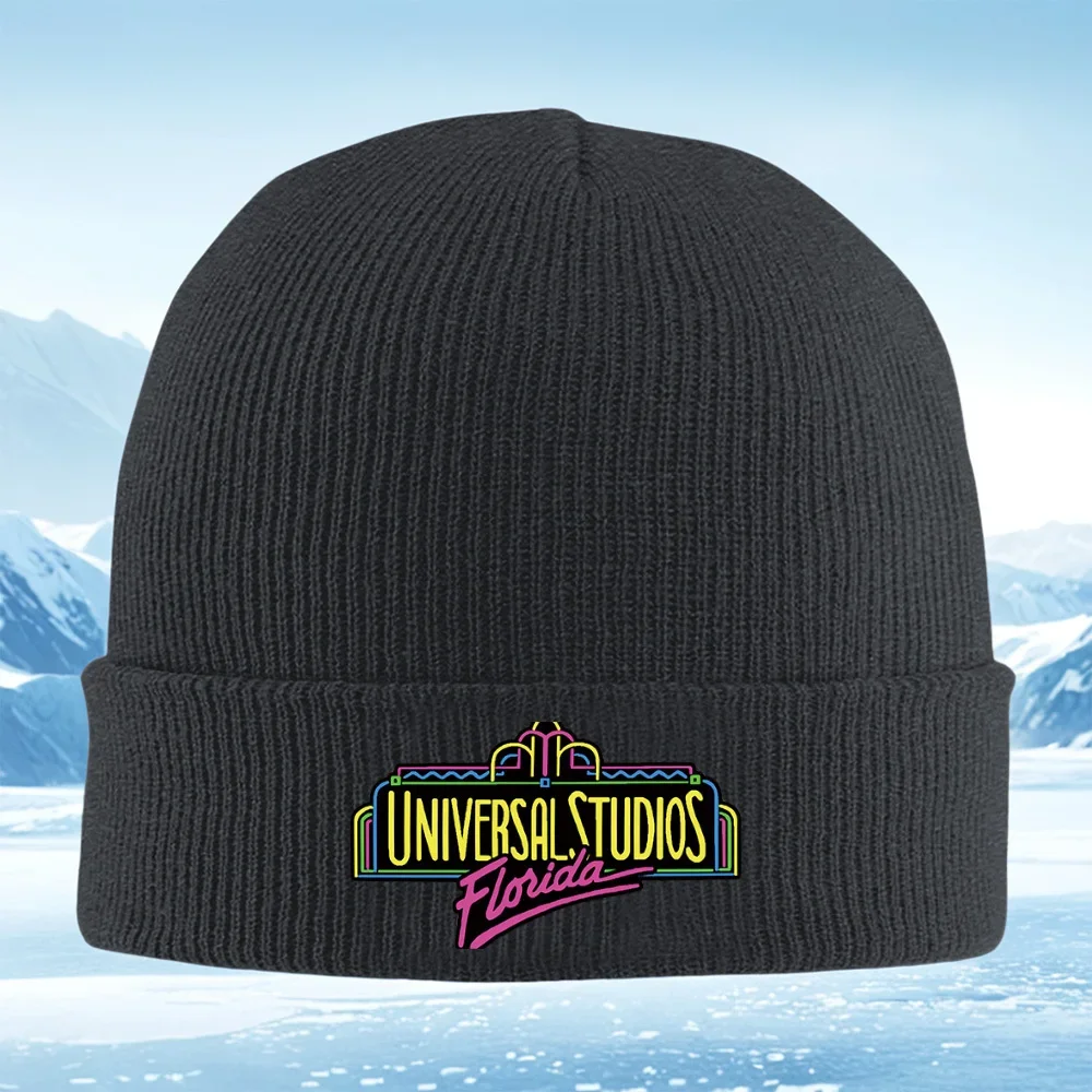 2026 Universal Studios Florida retro design black background Men Women Unisex Knitted Hat Beanie Pullover Cap Winter Thermal War