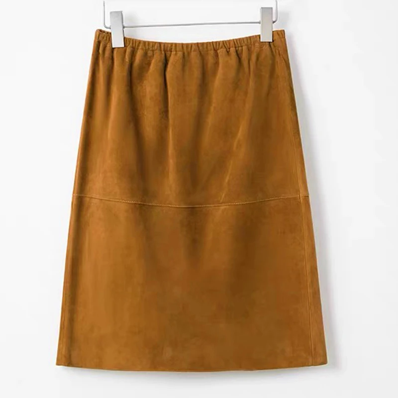 Sheep Suede Leather Skirt for Woman 2026 Winter Minimalist Back Slit Jupe Femme Caramel Straight Above Knee Faldas Midi Skirt