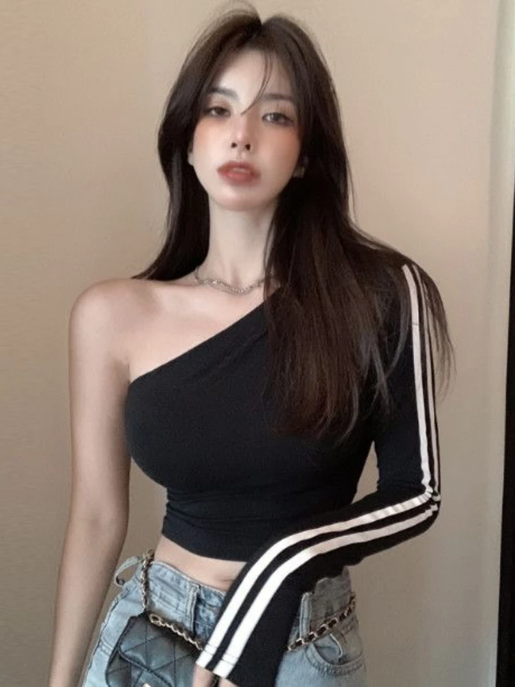 

QWEEK 2024 Autumn Striped T Shirt Women Sexy Off Shoulder Harajuku Korean Fashion Slim Y2k Black Long Sleeve Cropped Tees Top