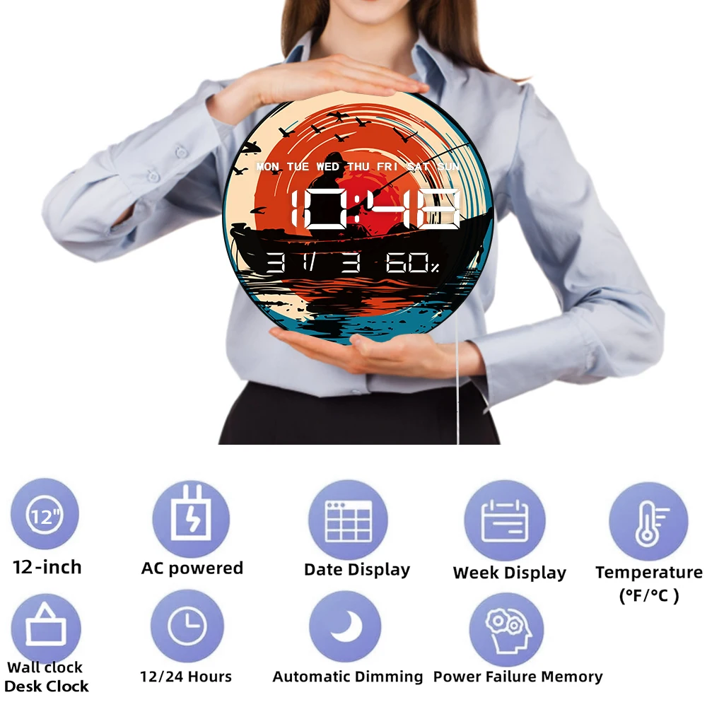 جبل بحيرة الصيد على قارب ثنائي الغرض LED ساعة رقمية جدار مكتب استخدام صياد متعدد الوظائف ساعة حائط إلكترونية حديثة