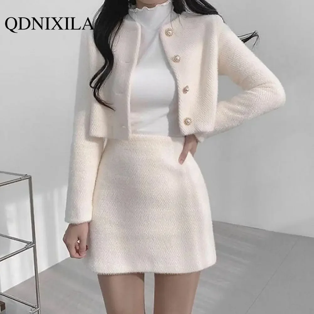 2023 Spring Summer Korean Fashion Sweet Women\'s Suit with Skirt Two Piece Set for Women Dress Sets Matching Outfit Elegant Tweed