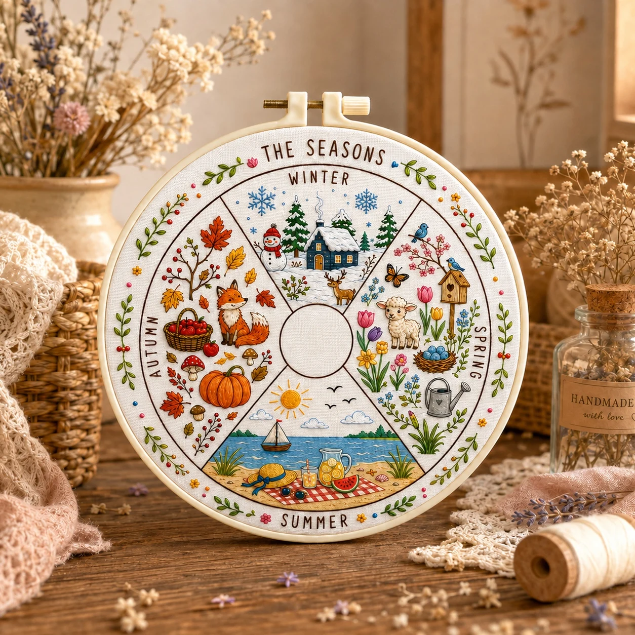 All-in-One Four Seasons Embroidery Kit, DIY Craft Stitching Supplies for Home Wall Art Decor, Christmas and Halloween Ornaments