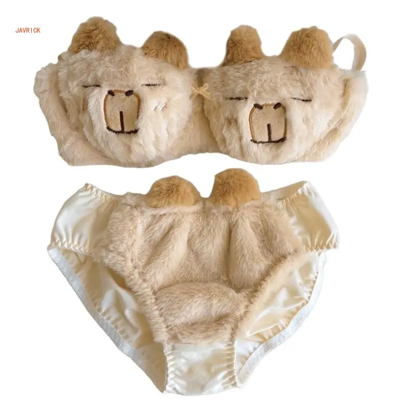 Women's Capybara Embroidery Winter Lingerie Bra and Panty Set School Girl Japanese Cartoon Anime Cosplay Underwear