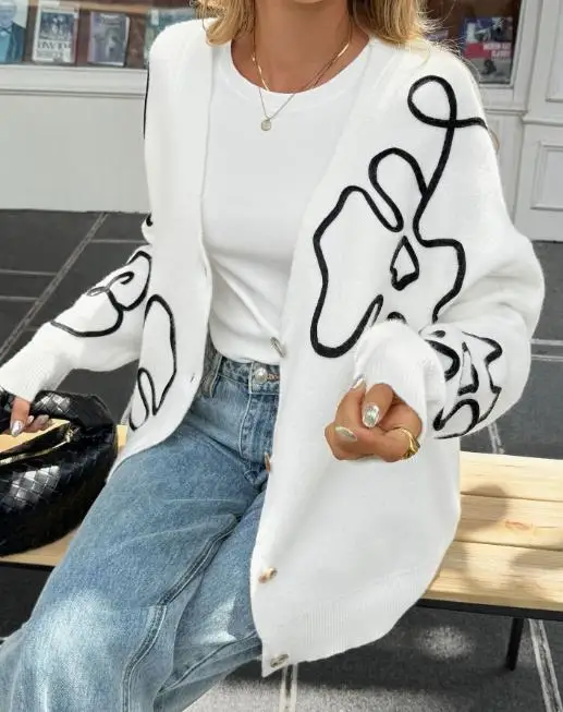 

Geometric Jacquard Color Blocked Loose Sweater Jacket for Autumn and Winter, Women's Casual Loose Long Sleeved Knitted Jacket