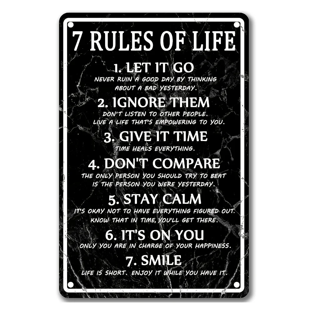 7 règles de vie, citation inspirante, plaque en métal vintage, décoration murale