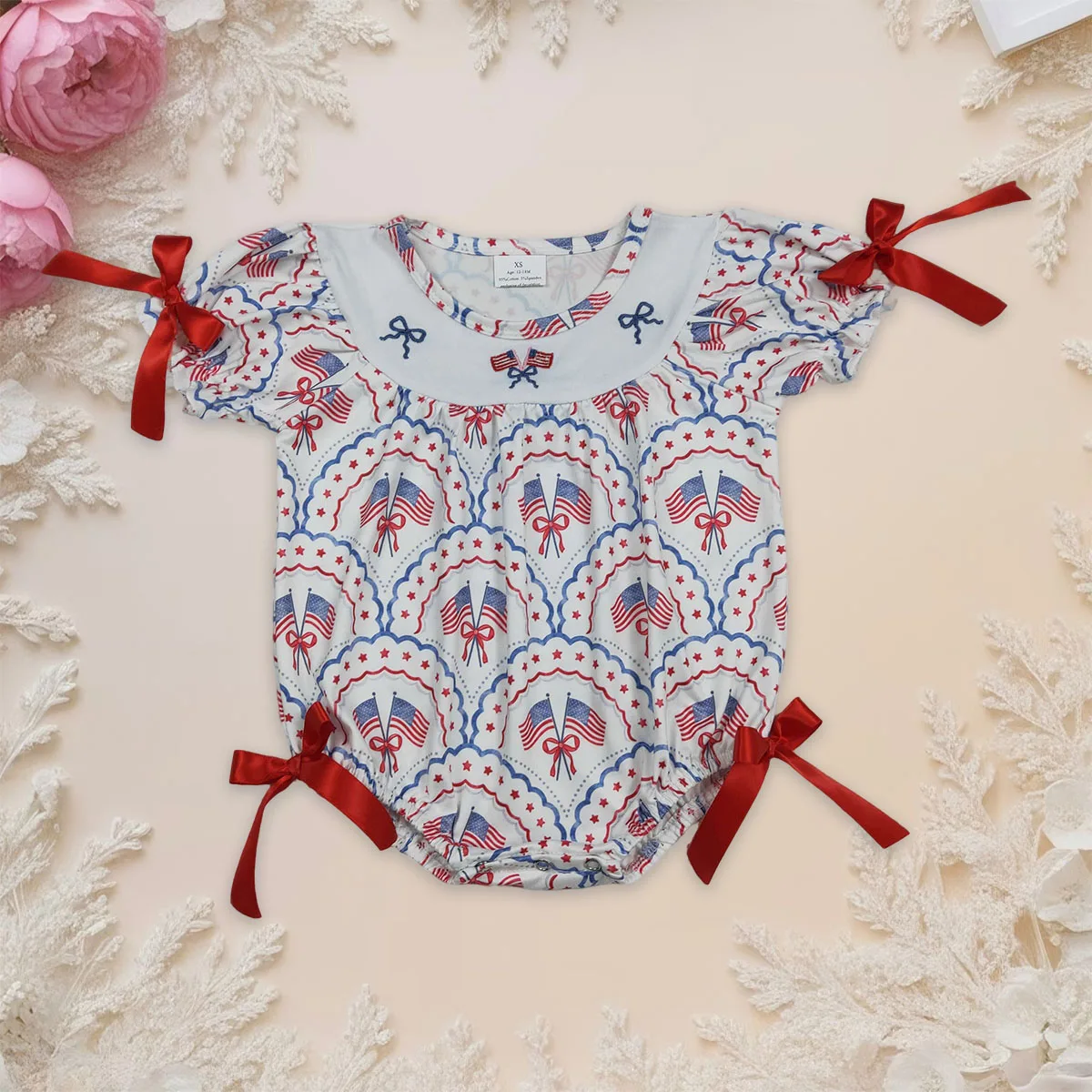 

Новые детские комбинезоны с вышивкой, бантиками и флагами ко Дню независимости США для девочек, в клетку, с оборками, оптом