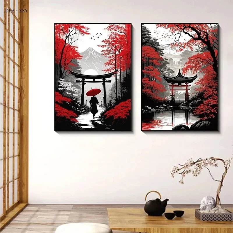 Canvas Painting Japanese Natural Landscape Mountain Temple Canvas Posters Vintage Black Red Ink Art Wall Art Prints Home Decor