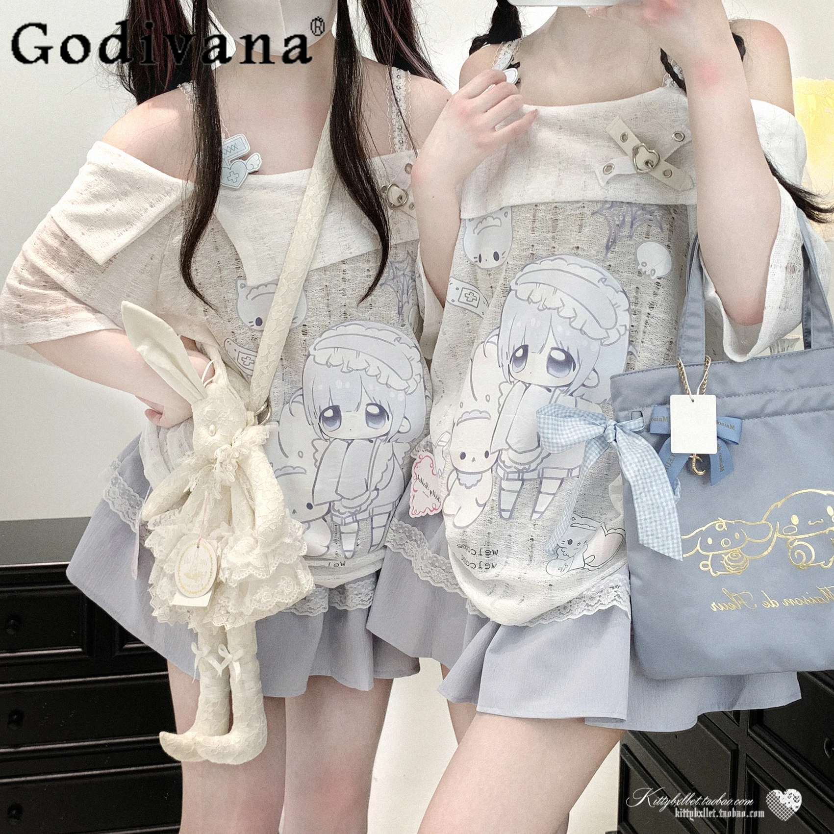 

Original Subculture Cartoon Print Kawaii Top Japanese Loose Slim Off-Shoulder Short Sleeve Tops Summer New 2025 Y2K T-Shirts