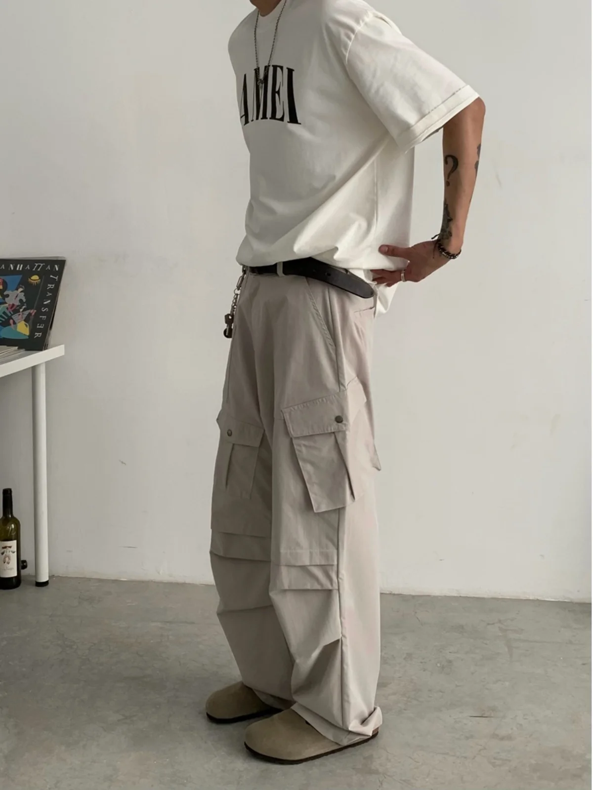 

American Retro Thin Work Pants Men's Trendy Loose Straight Casual Paratrooper Pants Big ket Pleated Casual Youth Pants