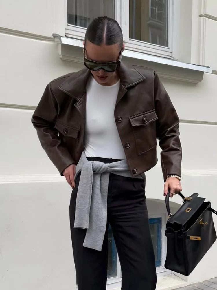 Single Breasted Cropped Brown Leather Jacket Women Casual Lapel Full Sleeve Pocket Short Coat Autumn Lady Commuting Streetwear