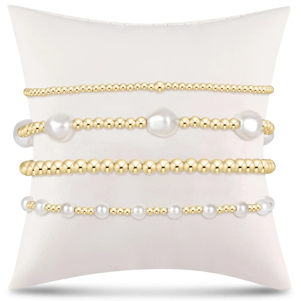 Vlen Perlenarmband mit Goldbesatz für Damen, 18K vergoldet, elastisch, mehrlagig, stapelbar, zierliches Armband, handgefertigter Schmuck, Geschenkidee – Detail 1