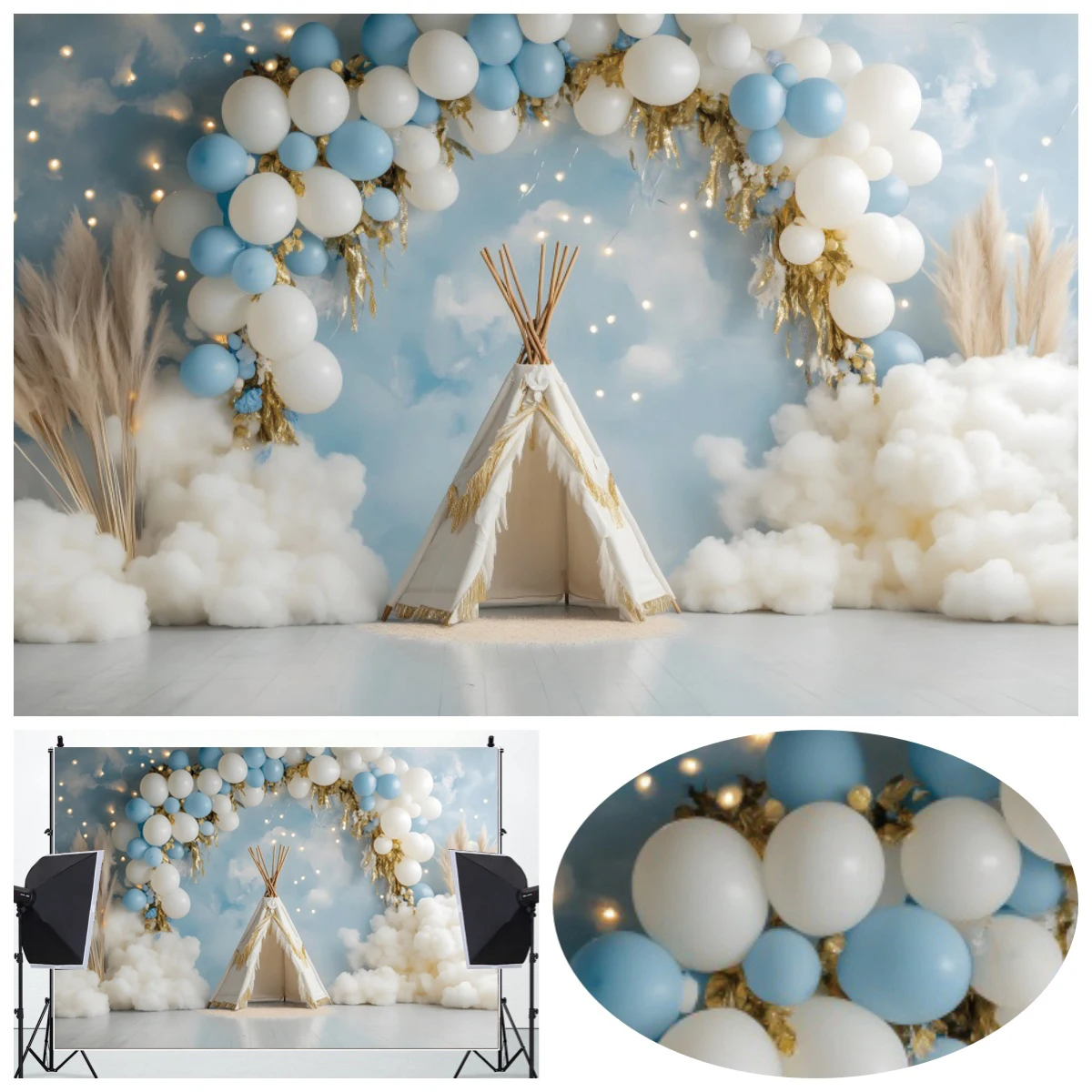 

Gold Glitter Colorful Balloons Photography Backdrop Blue Sky White Cloud Tent Birthday Decoration Baby Portrait Photo Background