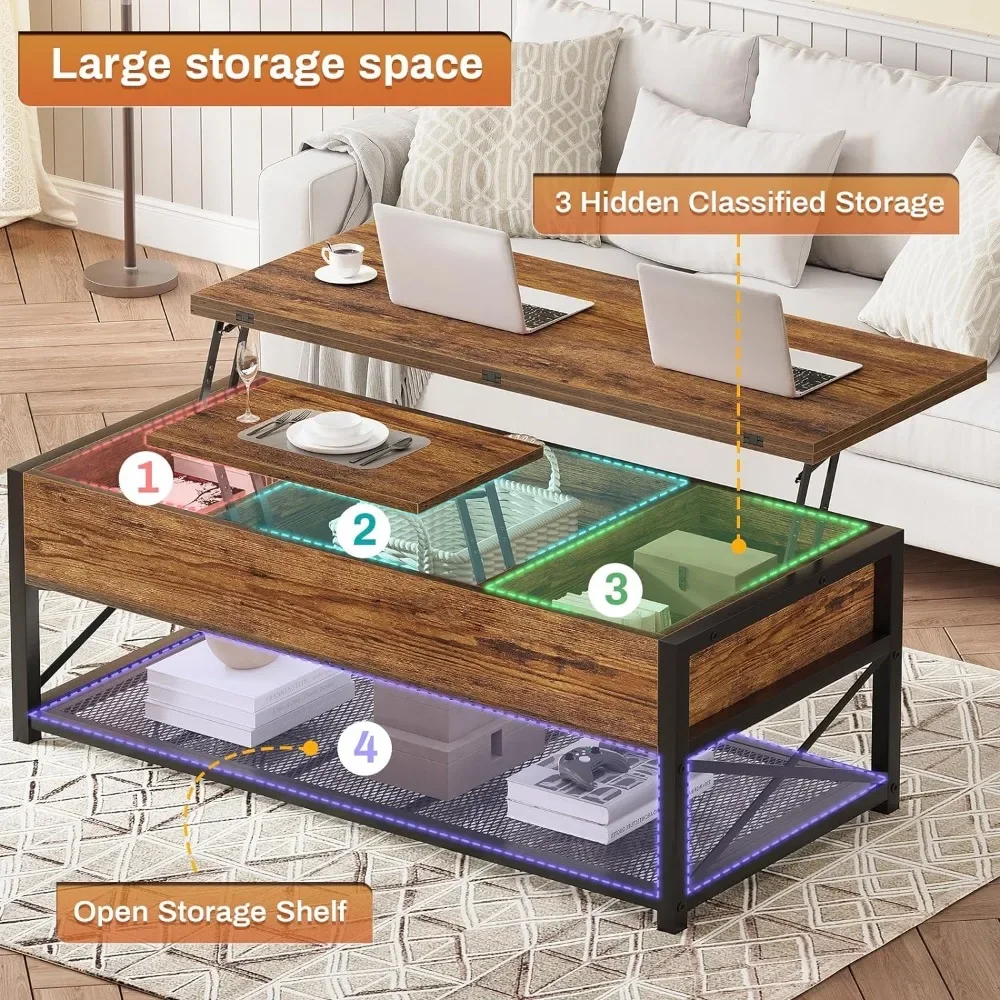 4 in 1 Coffee Tables with Storage, Lift Top Coffee Table, Small Coffee Table with Hidden Compartment and Open Shelves