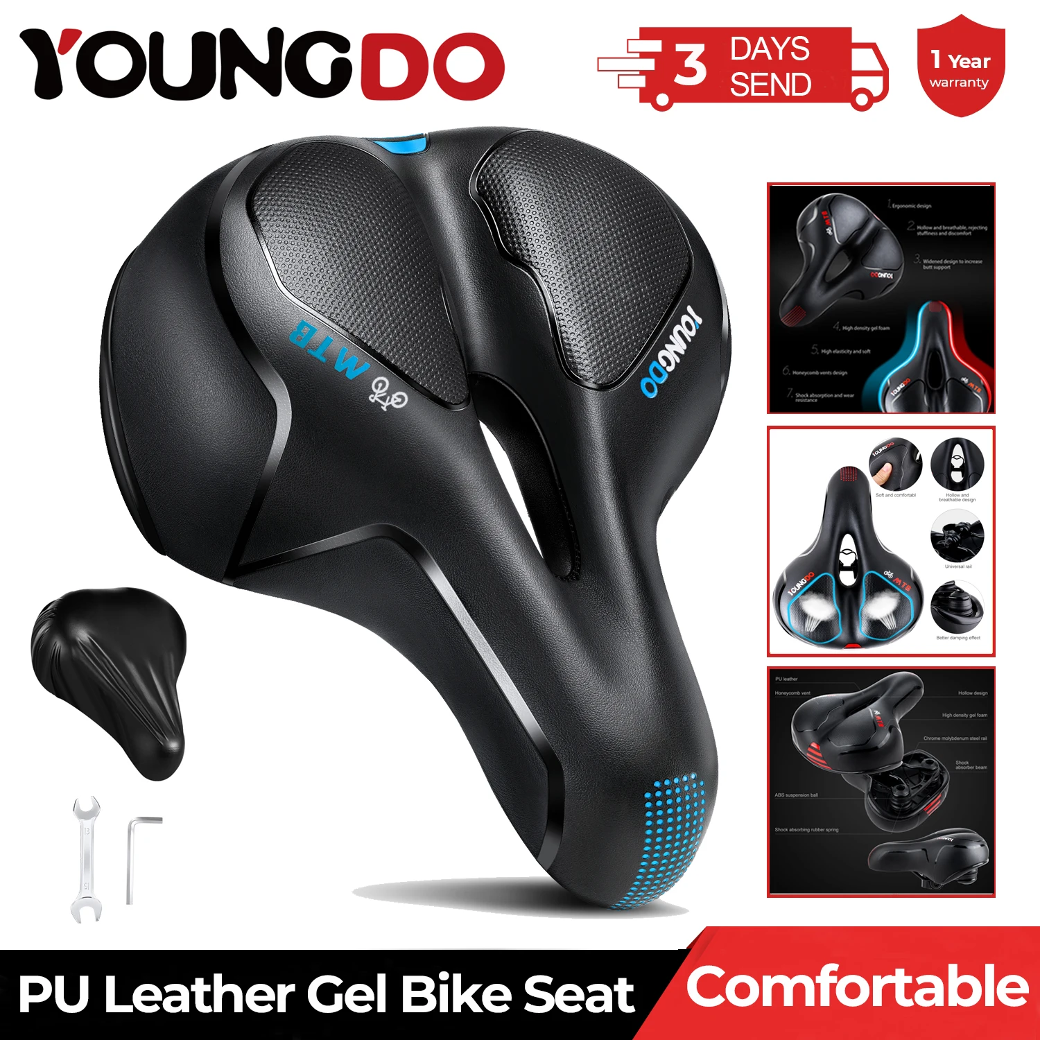 YOUNGDO Bike Seat PU Leather Gel Wide Cycling Cushion for Exercise Bicycle Saddle Men Women MTB Roads Mountain Bikes Accessories