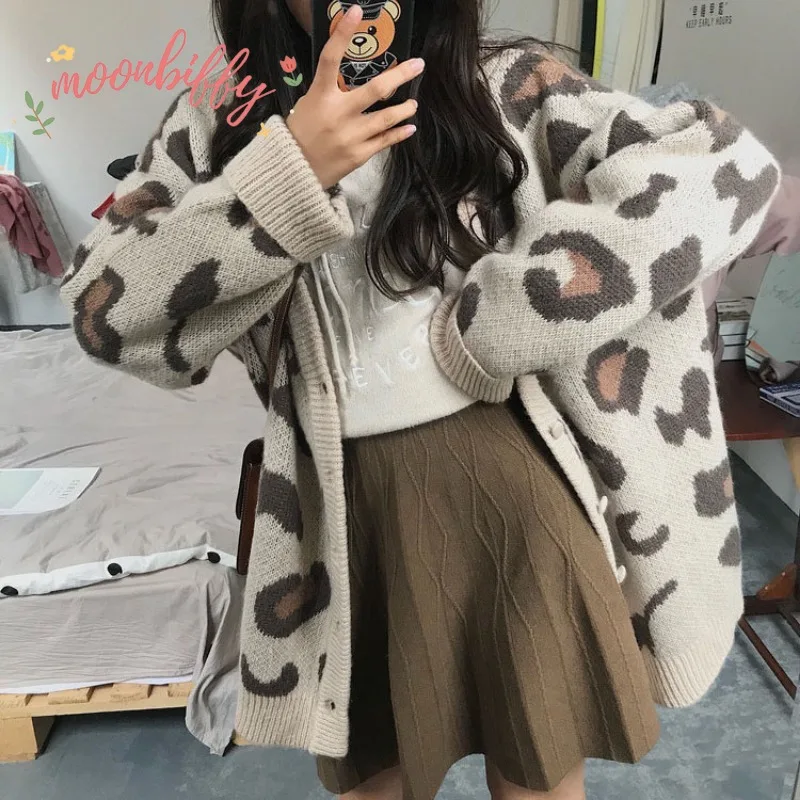 Fashion Autumn Winter Knitted Leopard Sweaters Women Korean V Neck Thick Print Cardigan Coat Loose Button Outwear