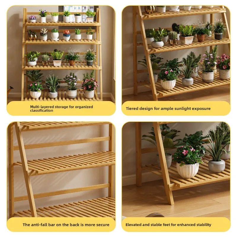 Foldable Floor Standing Balcony Plant Shelf Multilevel Ladder Organizer Hanging Basket Flower Pot Rack Indoor Plant Rack