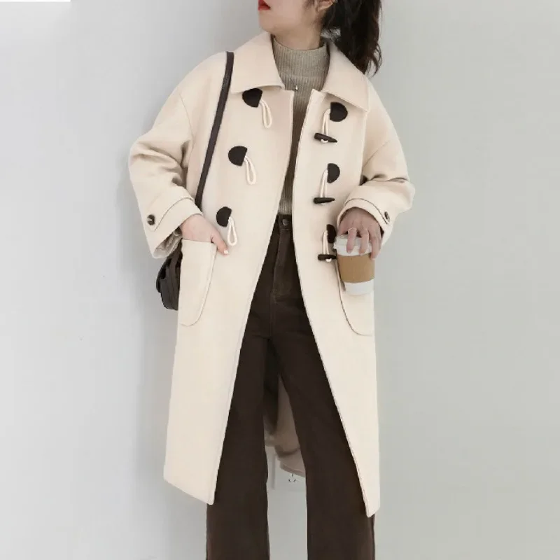 Women Horn Button Mid-Length Single Breasted Blends Coats Turn Collar Big Pockets Long Jackets Autumn Winter New Warm Parkas