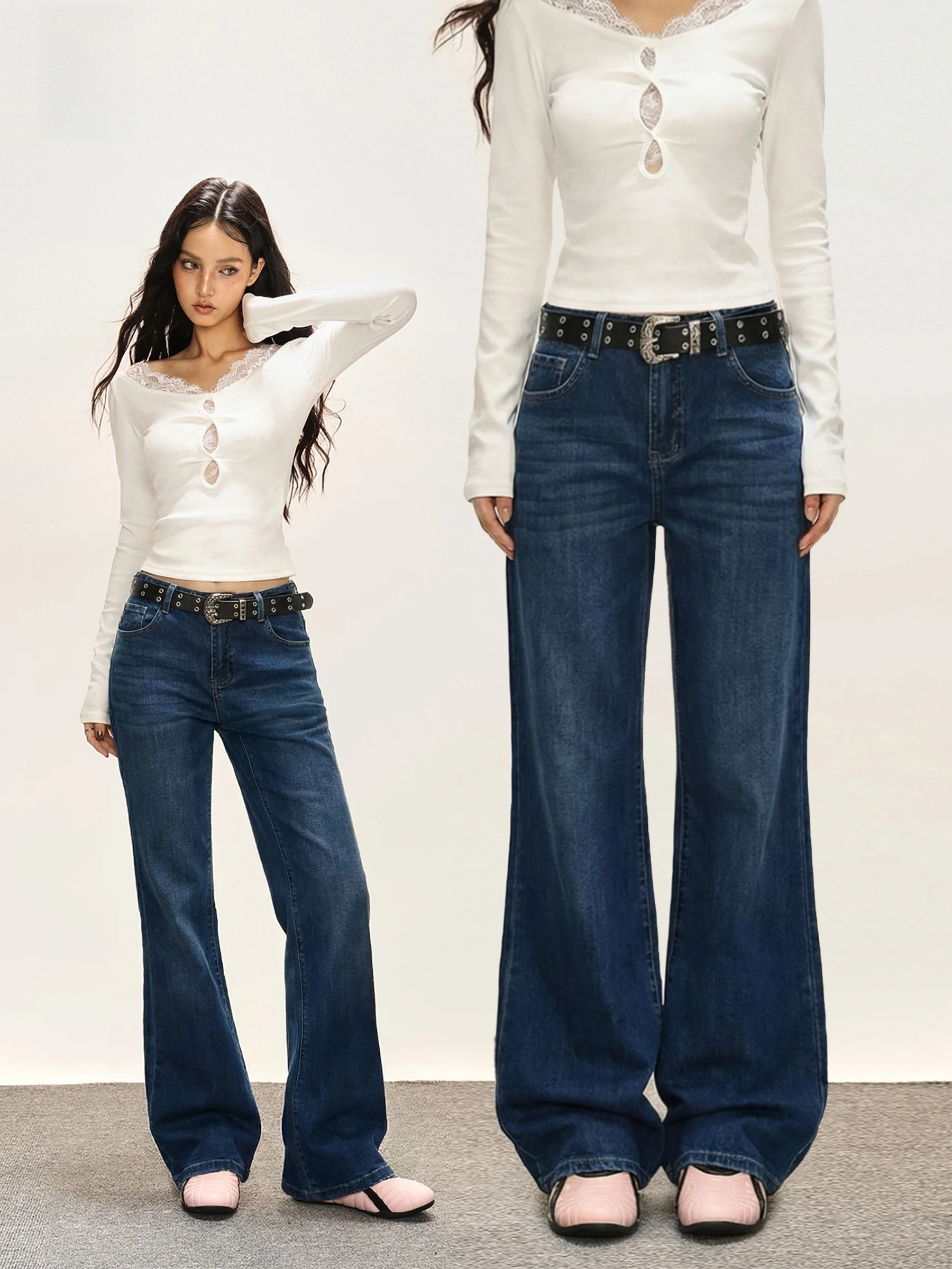 

Deep Blue American Waed Denim Pants Women's Autumn Winter Wide Leg Pants Micro Flared Casual Trousers Vintage Sle