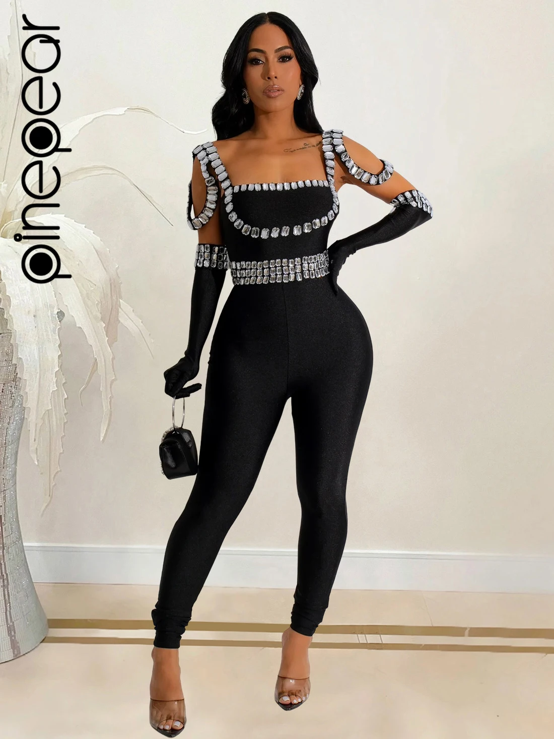 

PinePear Women Big Diamonds Hot Rhinestones Sexy Strap Long Sleeve Jumpsuits Party Club One Piece Overalls with Gloves 2025