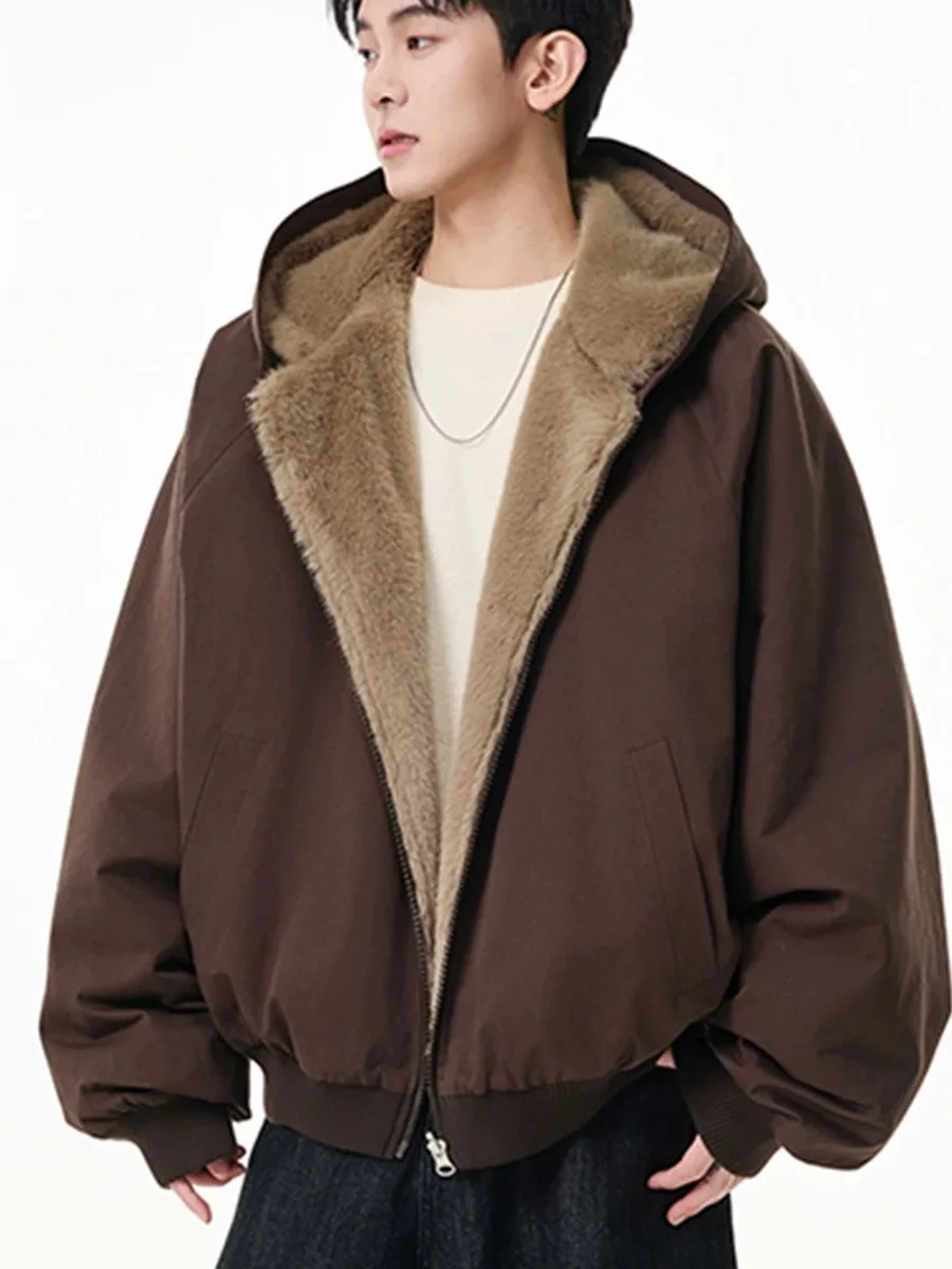 

Trendy Double-Sided Wearable Rabbit Fur Cotton Jaet for Men Winter American Sle Haome Warm Hooded Cotton Coat Versatil...