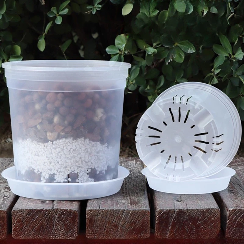 أصيص زهور شفاف مع ثقوب وعاء نبات بلاستيكي أصيص حضانة قابل للتنفس للتحكم في الجذر وعاء زهور مستدير لتزيين المنزل والحديقة #3