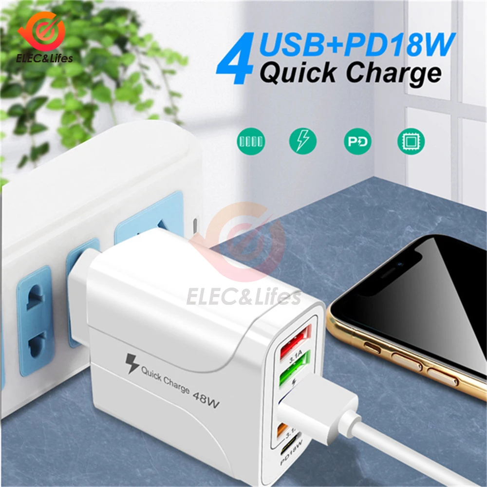 4 USB EU USプラグ充電器クイックチャージ3.0 iPhone 14 Pro Maxタブレットポータブル壁携帯充電器用