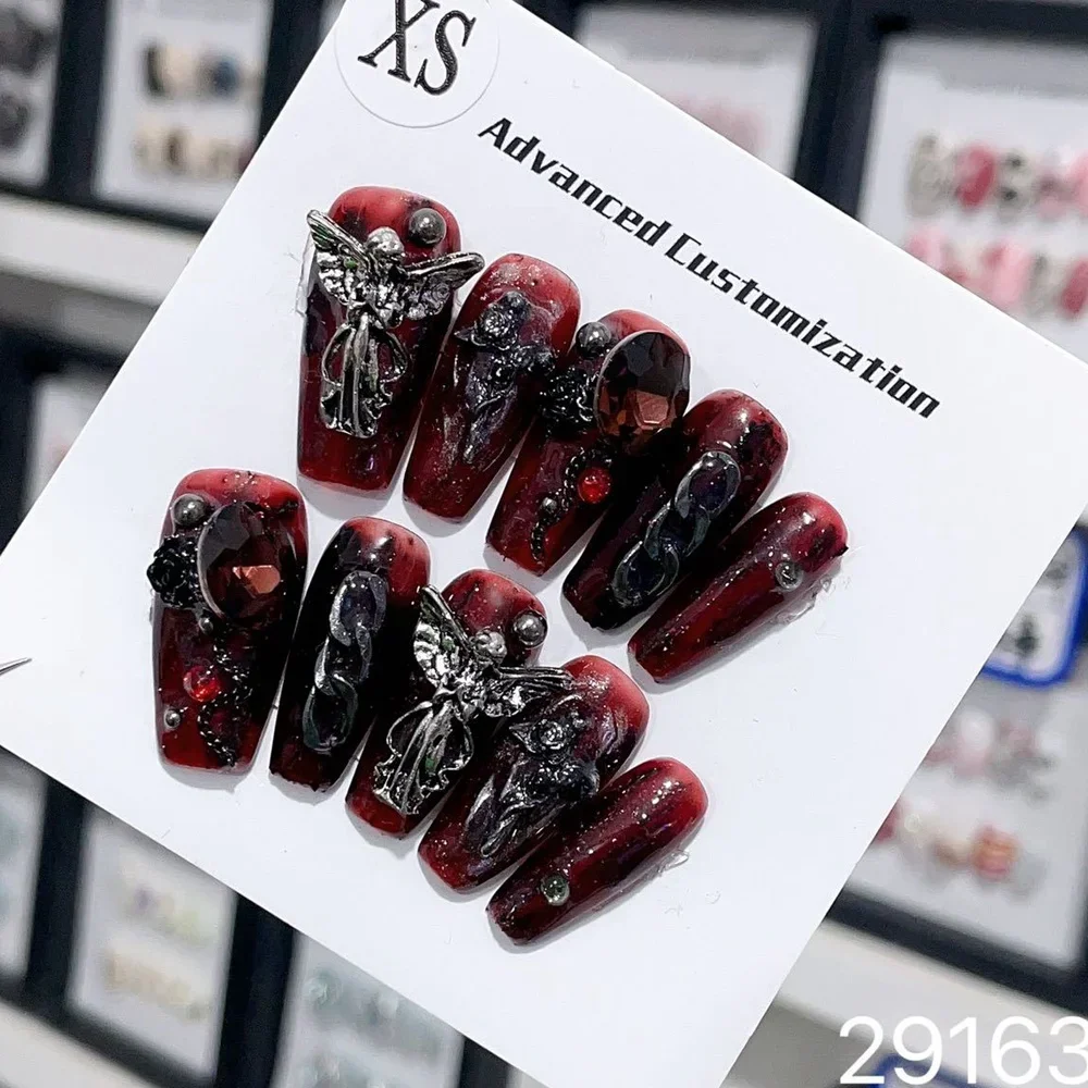 Handmade Y2k Press on Nails Goth Style Black and Red Halloween Fake Nails with Design Full Cover Long Coffin Acrylic Nail Tips