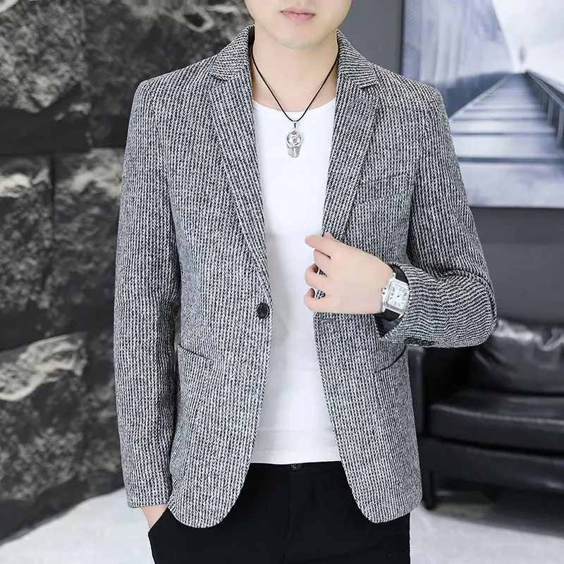 

Мужской повседневный костюм в полоску, весенняя новинка, приталенный крой, корейская версия, молодежный, стильный, модный, с длинными рукавами, из мягкого полиэстера