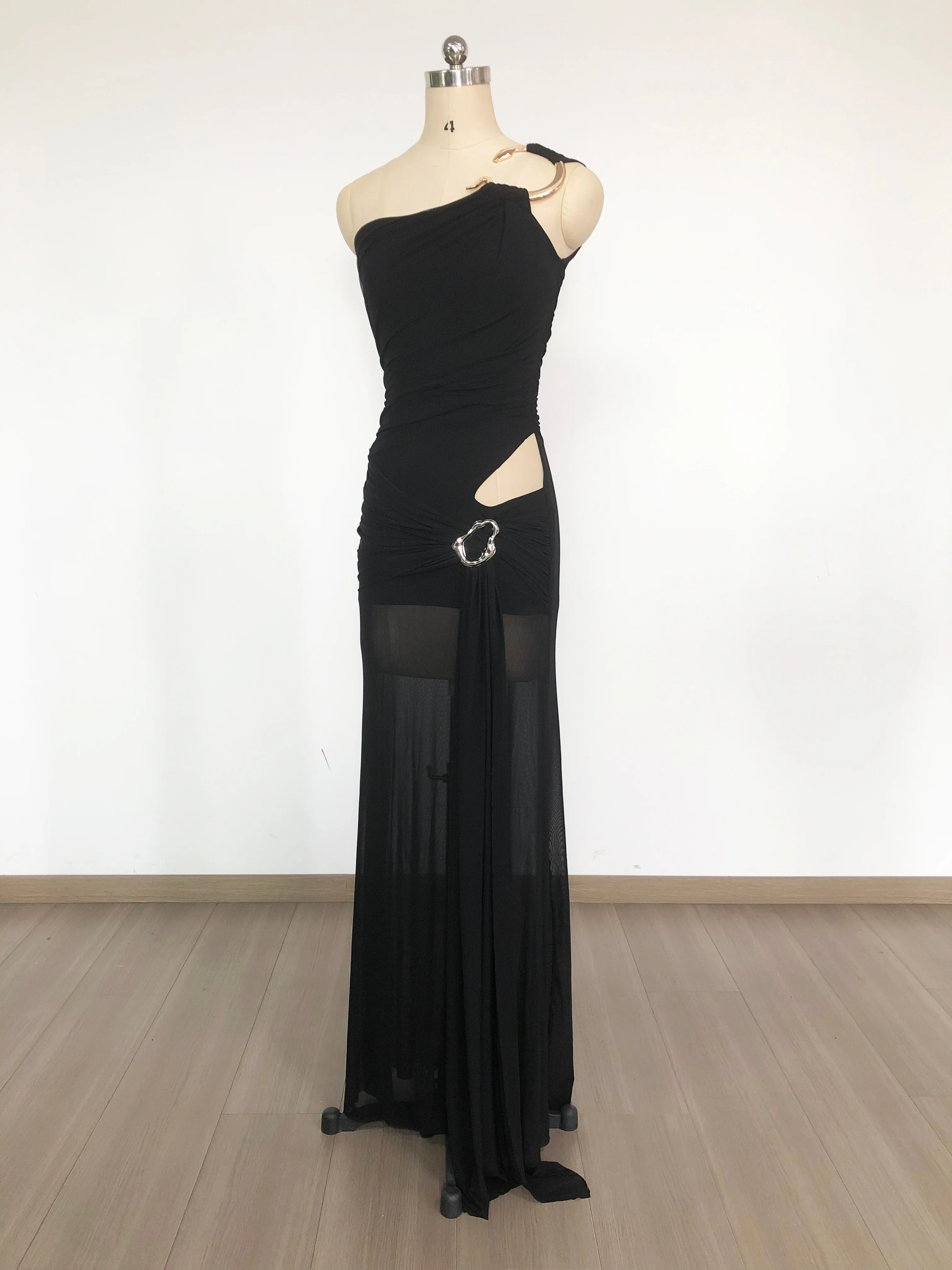 158CM丈 レディース 高級 ブラック シースルー ドレス エレガント ワンショルダー カットアウト ロング セレブリティ イブニング クラブ パーティー ゲスト向けドレス