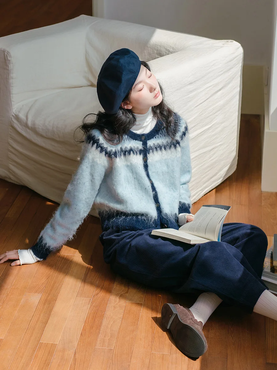 

Bluwhite Dry Fair Isle round Ne Fce Open Cardigan Blue Pink Women's Sweet Sle Long Sve Knitted Sweater