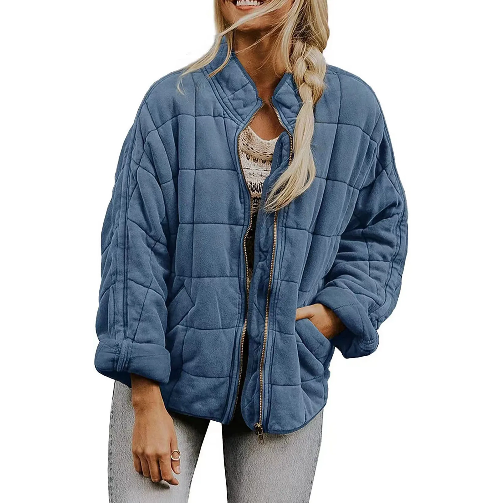 Casual Jackets Outerwears Autumn/Winter 2024 Vintage  Women\'s Neck Women Fashion Quilted  Female Pocket Padded Zipper Stand