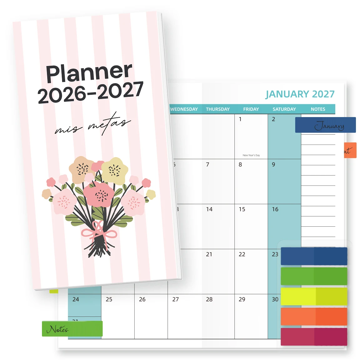 1pc Pink  White Floral Monthly Planner with Tabs & Budget Stickers, Waterproof Cover, 20 x 14 x 1.5 cm, for Home & Office