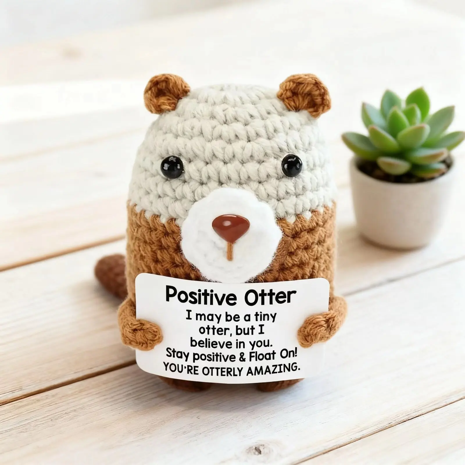 Hot Sale Handmade Crochet Positive Otter Doll with Motivational Sign Knitted Amigurumi Ornament for Home Decoration Gift Idea