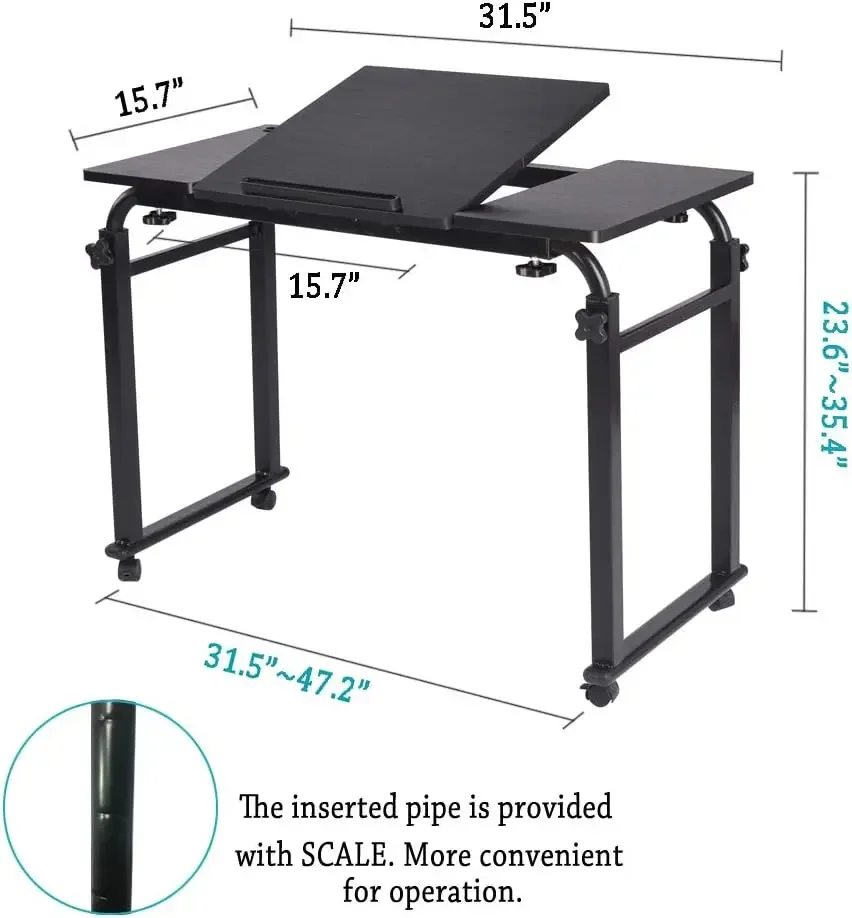 Table with Wheels Laptop Desk Cart Table Over The Bed Table Adjustable Height and Length for Hospital and Home use