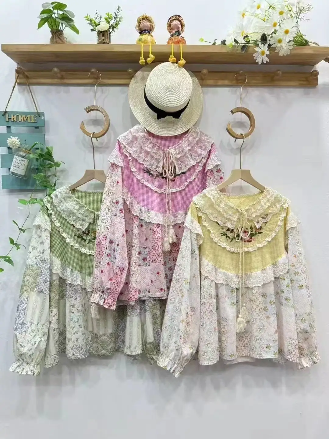 

Bust 126cm Mori kei clothing lace embroider patchwork shirts for women sweet yellow pink green blouses cotton cute clothes